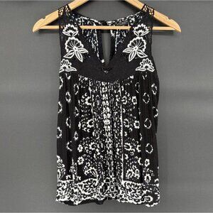 Lucky Brand Women's Floral Embroidered Sleeveless Blouse S Black White Bohemian